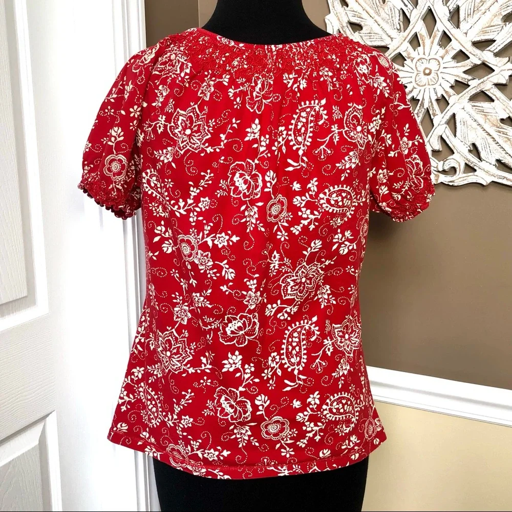 ⭐️ Lauren Jeans by Ralph Lauren Red Blouse White Floral Print with Tie - MEDIUM - Picture 7 of 12